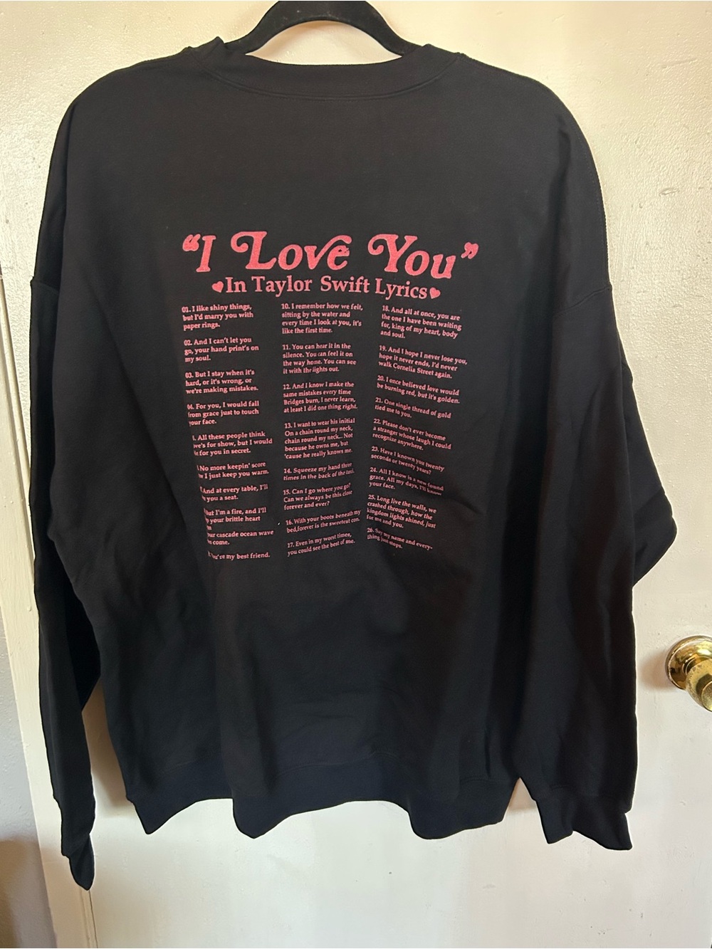 Gildan Black Crewneck Sweatshirt with Pink "I Love You" Taylor Swift Lyrics